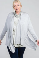 Heather grey plus size open front cardigan with shark bite hem, affordable plus size outerwear under $50