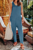 Sky blue sleeveless straight-leg plus size jumpsuit with a tie waist