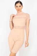 Stripe Mesh Mock Neck Biker Romper