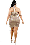 Plus Metallic Cross Wrap Halter Mini Dress