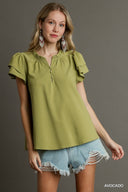Boxy faux button ruffle neckline top with short layered sleeves, stylish blouse from Dress4less.com.